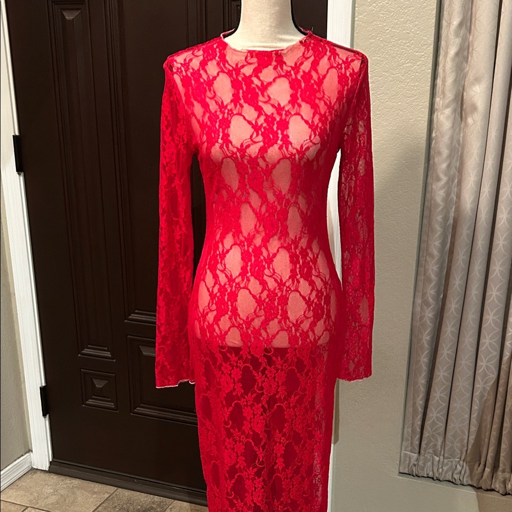 Raspberry Long Sleeve Full Lace Lingerie Dress
